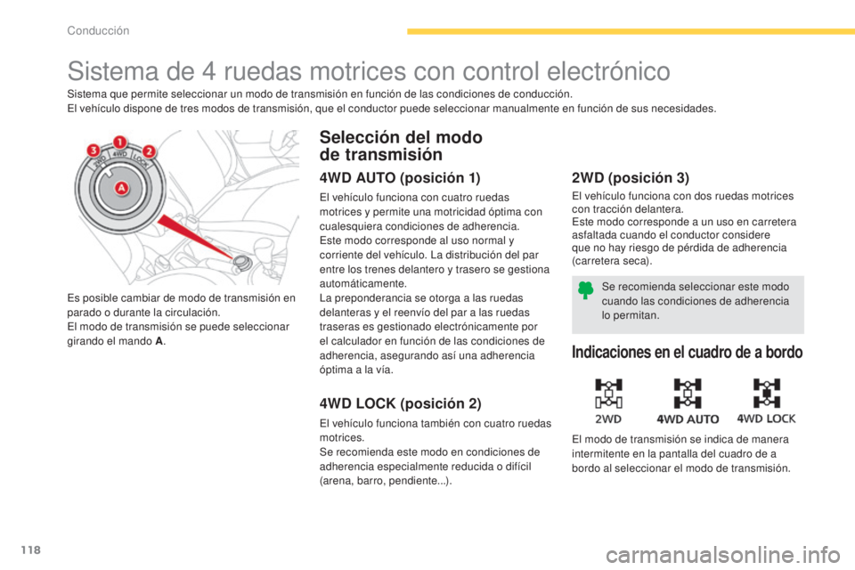 CITROEN C4 AIRCROSS 2016  Manuales de Empleo (in Spanish) 118
C4-Aircross_es_Chap04_conduite_ed01-2014
Sistema de 4 ruedas motrices con control electrónico
Sistema que permite seleccionar un modo de transmisión en función de las condiciones de conducción