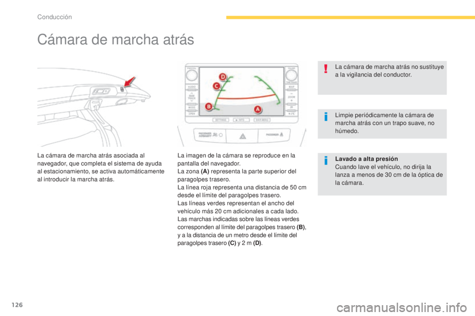 CITROEN C4 AIRCROSS 2016 Manuales de Empleo (in Spanish) 126
C4-Aircross_es_Chap04_conduite_ed01-2014
Cámara de marcha atrás
la cámara de marcha atrás asociada al
navegador, que completa el sistema de ayuda
al estacionamiento, se activa automáticamen CITROEN C4 AIRCROSS 2016 Manuales de Empleo (in Spanish) 126
C4-Aircross_es_Chap04_conduite_ed01-2014
Cámara de marcha atrás
la cámara de marcha atrás asociada al
navegador, que completa el sistema de ayuda
al estacionamiento, se activa automáticamen