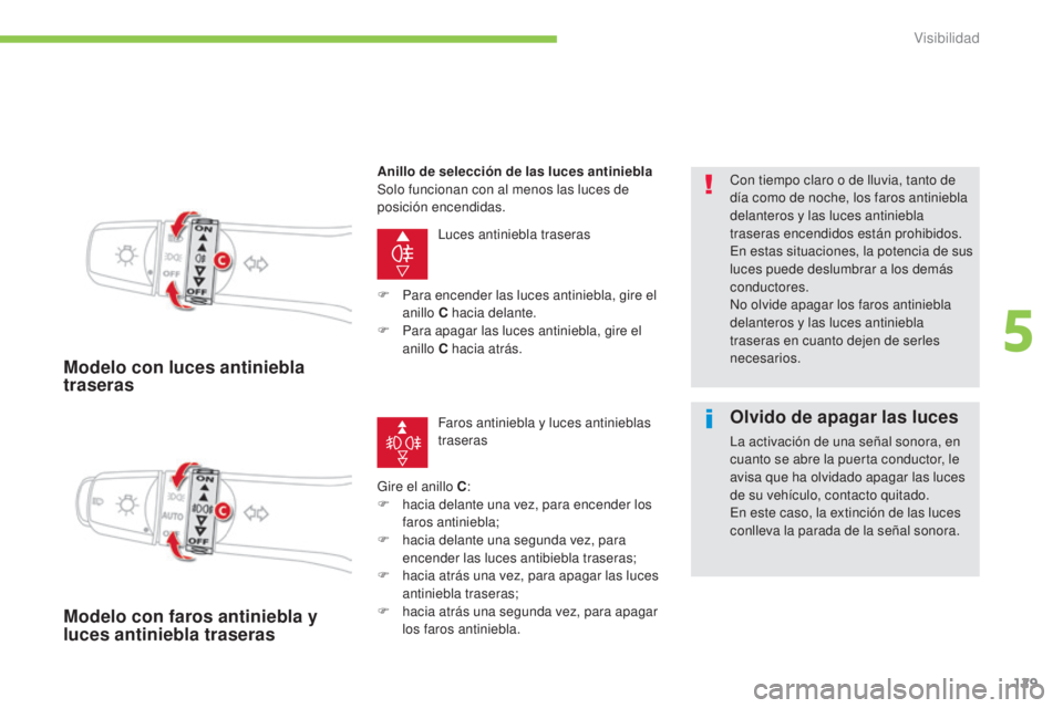 CITROEN C4 AIRCROSS 2016 Manuales de Empleo (in Spanish) 129
C4-Aircross_es_Chap05_visibilite_ed01-2014
Modelo con luces antiniebla
traseras
luces antiniebla traseras
Gire el anillo C :
F
h
acia delante una vez, para encender los
faros antiniebla;
F
CITROEN C4 AIRCROSS 2016 Manuales de Empleo (in Spanish) 129
C4-Aircross_es_Chap05_visibilite_ed01-2014
Modelo con luces antiniebla
traseras
luces antiniebla traseras
Gire el anillo C :
F
h
acia delante una vez, para encender los
faros antiniebla;
F