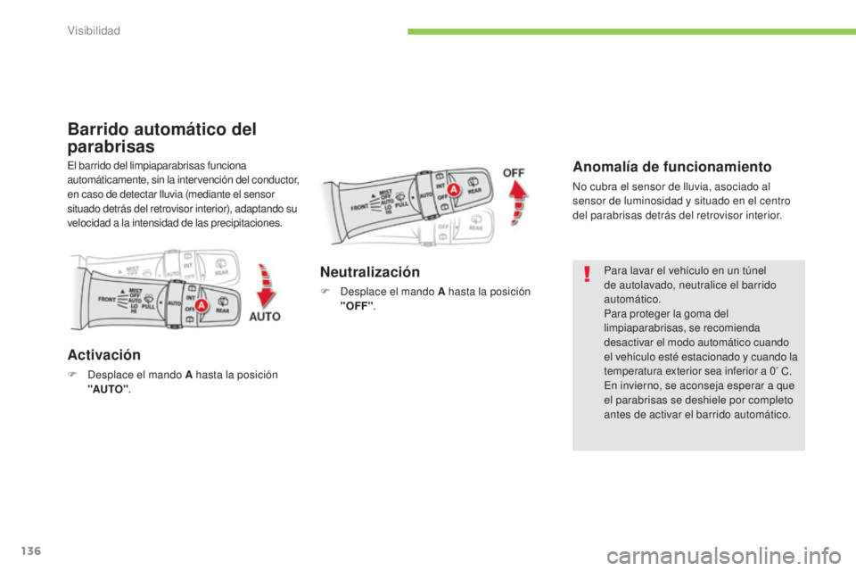 CITROEN C4 AIRCROSS 2016 Manuales de Empleo (in Spanish) 136
C4-Aircross_es_Chap05_visibilite_ed01-2014
Barrido automático del
parabrisas
Anomalía de funcionamiento
no cubra el sensor de lluvia, asociado al
sensor de luminosidad y situado en el centro
CITROEN C4 AIRCROSS 2016 Manuales de Empleo (in Spanish) 136
C4-Aircross_es_Chap05_visibilite_ed01-2014
Barrido automático del
parabrisas
Anomalía de funcionamiento
no cubra el sensor de lluvia, asociado al
sensor de luminosidad y situado en el centro