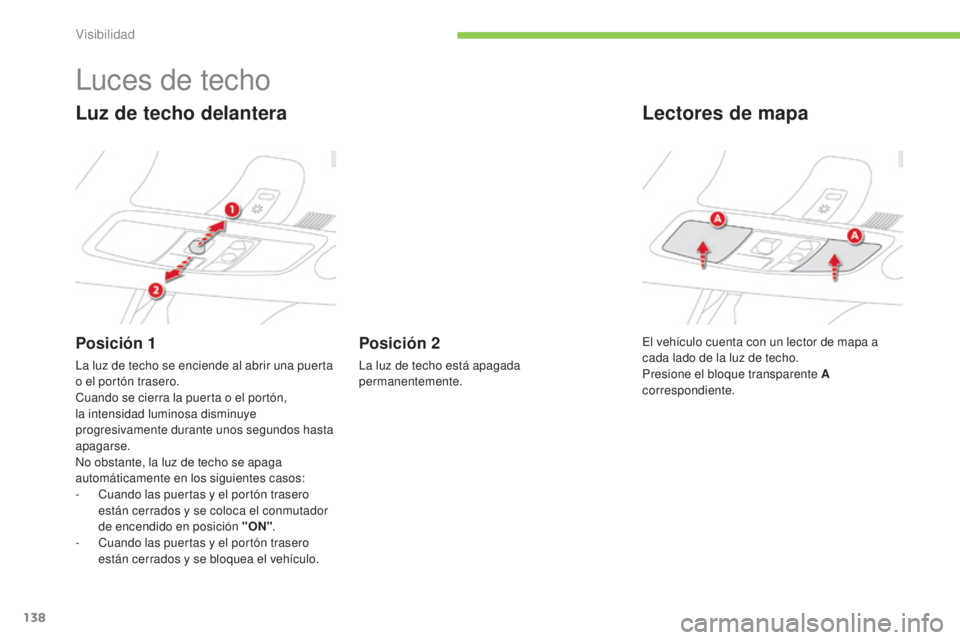 CITROEN C4 AIRCROSS 2016 Manuales de Empleo (in Spanish) 138
C4-Aircross_es_Chap05_visibilite_ed01-2014
luces de techo
Luz de techo delantera
Posición 1
la luz de techo se enciende al abrir una puerta
o el portón trasero.
Cuando se cierra la puerta o el CITROEN C4 AIRCROSS 2016 Manuales de Empleo (in Spanish) 138
C4-Aircross_es_Chap05_visibilite_ed01-2014
luces de techo
Luz de techo delantera
Posición 1
la luz de techo se enciende al abrir una puerta
o el portón trasero.
Cuando se cierra la puerta o el