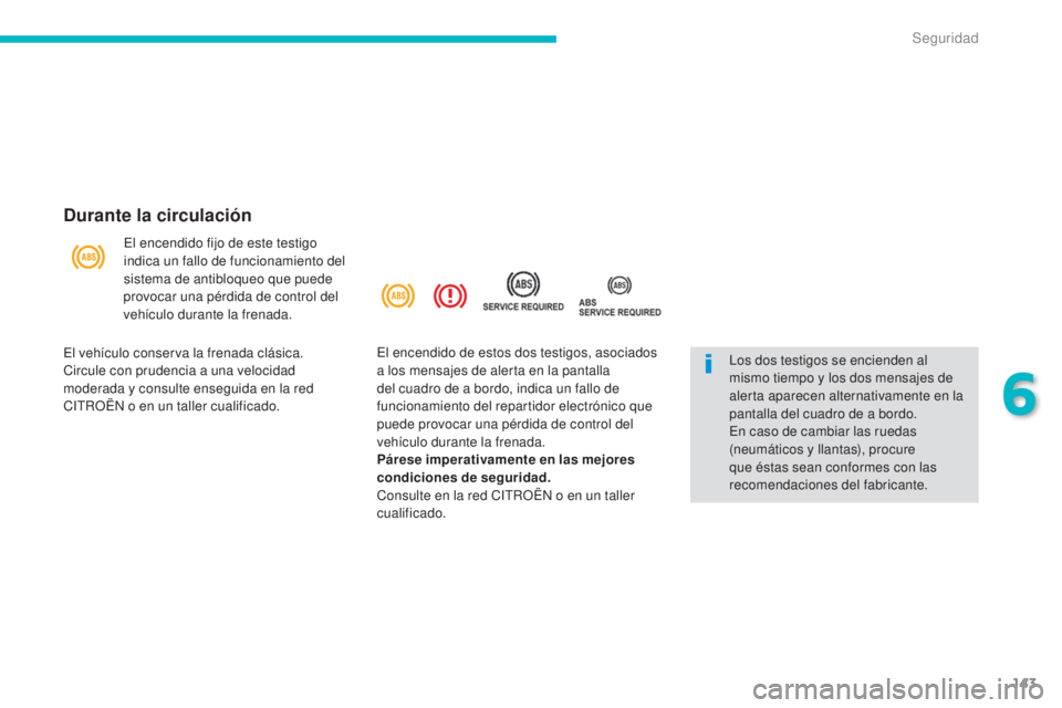 CITROEN C4 AIRCROSS 2016 Manuales de Empleo (in Spanish) 143
C4-Aircross_es_Chap06_securite_ed01-2014
Durante la circulación
el encendido fijo de este testigo
indica un fallo de funcionamiento del
sistema de antibloqueo que puede
provocar una pérdida d CITROEN C4 AIRCROSS 2016 Manuales de Empleo (in Spanish) 143
C4-Aircross_es_Chap06_securite_ed01-2014
Durante la circulación
el encendido fijo de este testigo
indica un fallo de funcionamiento del
sistema de antibloqueo que puede
provocar una pérdida d