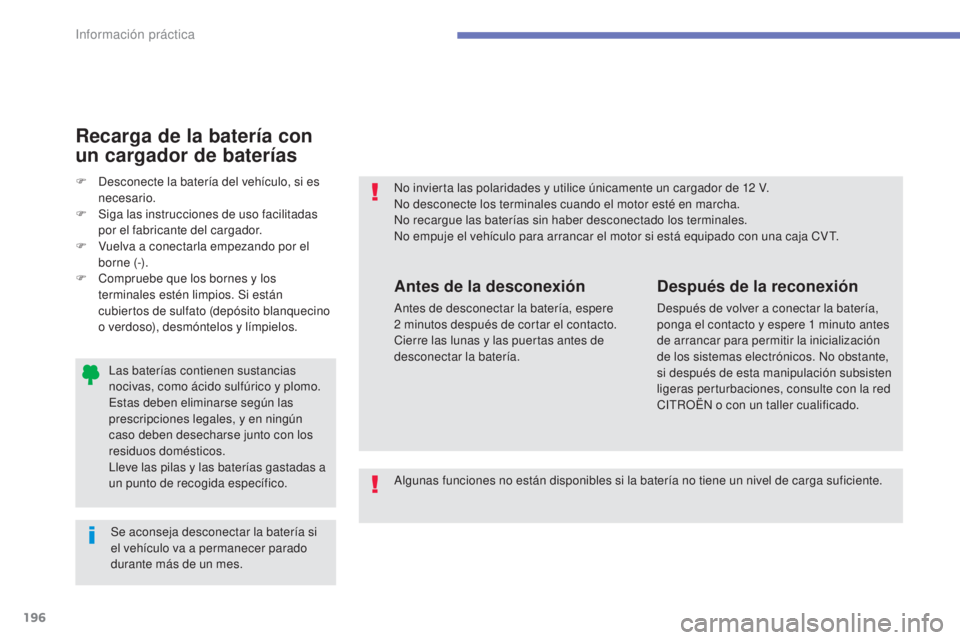 CITROEN C4 AIRCROSS 2016  Manuales de Empleo (in Spanish) 196
C4-Aircross_es_Chap07_info-pratiques_ed01-2014
las baterías contienen sustancias 
nocivas, como ácido sulfúrico y plomo. 
es
tas deben eliminarse según las 
prescripciones legales, y en ningú