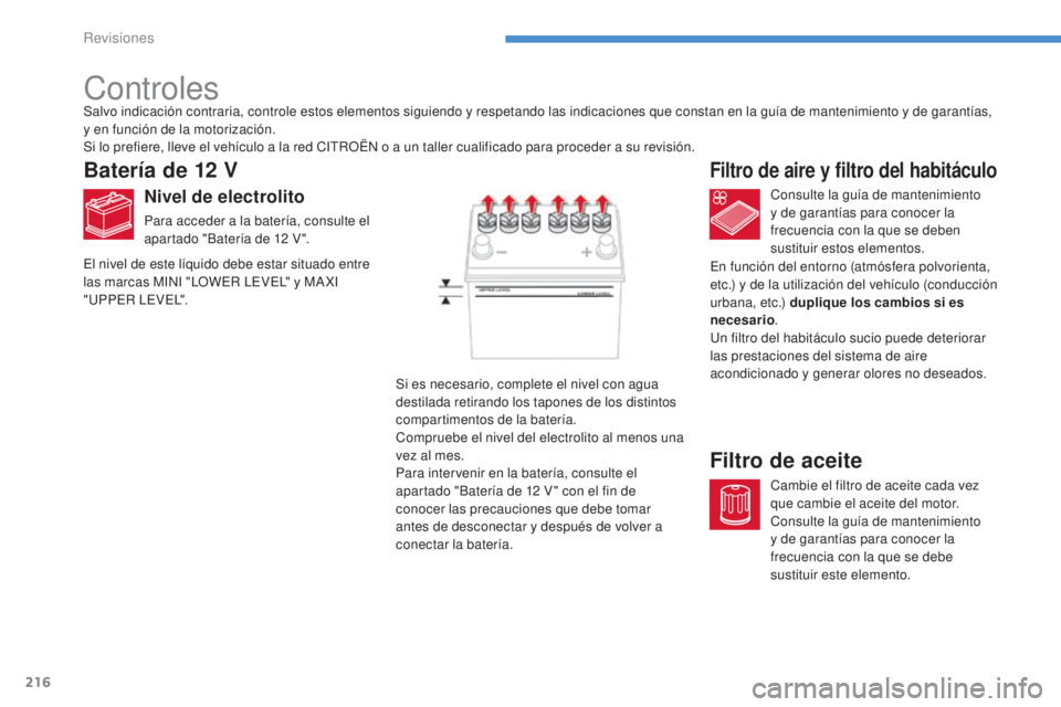 CITROEN C4 AIRCROSS 2016 Manuales de Empleo (in Spanish) 216
C4-Aircross_es_Chap08_verifications_ed01-2014
Controles
Batería de 12 V
Nivel de electrolito
Para acceder a la batería, consulte el
apartado "Batería de 12 V ". Consulte la guía de m CITROEN C4 AIRCROSS 2016 Manuales de Empleo (in Spanish) 216
C4-Aircross_es_Chap08_verifications_ed01-2014
Controles
Batería de 12 V
Nivel de electrolito
Para acceder a la batería, consulte el
apartado "Batería de 12 V ". Consulte la guía de m