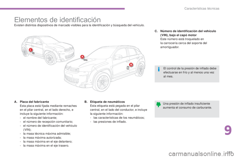 CITROEN C4 AIRCROSS 2016 Manuales de Empleo (in Spanish) 235
C4-Aircross_es_Chap09_caracteristiques-techniques_ed01-2014
Elementos de identificaciónexisten distintos dispositivos de marcado visibles para la identificación y búsqueda del vehículo.
A.
P
CITROEN C4 AIRCROSS 2016 Manuales de Empleo (in Spanish) 235
C4-Aircross_es_Chap09_caracteristiques-techniques_ed01-2014
Elementos de identificaciónexisten distintos dispositivos de marcado visibles para la identificación y búsqueda del vehículo.
A.
P