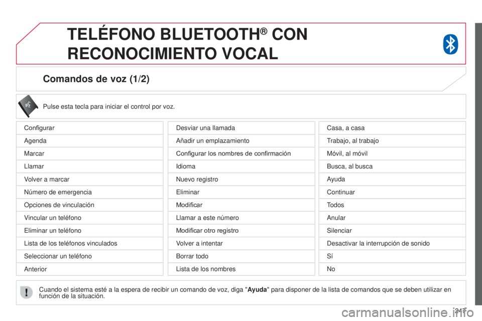 CITROEN C4 AIRCROSS 2016 Manuales de Empleo (in Spanish) 247
Comandos de voz (1/2)
Configurar
Agenda
Marcar
l
lamar
Volver a marcar
n
úmero de emergencia
Opciones de vinculación
Vincular un teléfono
e
liminar un teléfono
l
ista de los teléfonos vinc CITROEN C4 AIRCROSS 2016 Manuales de Empleo (in Spanish) 247
Comandos de voz (1/2)
Configurar
Agenda
Marcar
l
lamar
Volver a marcar
n
úmero de emergencia
Opciones de vinculación
Vincular un teléfono
e
liminar un teléfono
l
ista de los teléfonos vinc