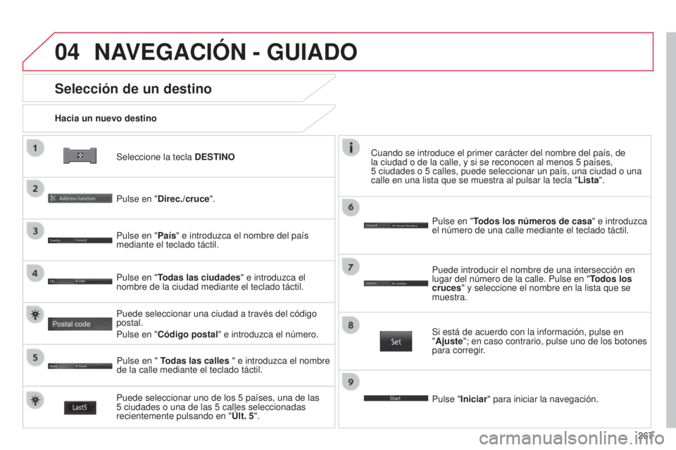 CITROEN C4 AIRCROSS 2016 Manuales de Empleo (in Spanish) 04
267
C4-Aircross_es_Chap10b_Mitsu6_ed01-2014
Seleccione la tecla DESTINO
Hacia un nuevo destino
Selección de un destino
Pulse en "Direc./cruce
".
Pulse en "País" e introduzca el no CITROEN C4 AIRCROSS 2016 Manuales de Empleo (in Spanish) 04
267
C4-Aircross_es_Chap10b_Mitsu6_ed01-2014
Seleccione la tecla DESTINO
Hacia un nuevo destino
Selección de un destino
Pulse en "Direc./cruce
".
Pulse en "País" e introduzca el no