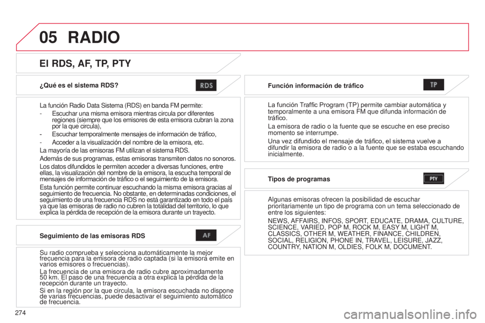 CITROEN C4 AIRCROSS 2016 Manuales de Empleo (in Spanish) 05
274
C4-Aircross_es_Chap10b_Mitsu6_ed01-2014
¿Qué es el sistema RDS?
la función Radio data Sistema (RdS) en banda FM permite:
- e scuchar una misma emisora mientras circula por diferentes
regi CITROEN C4 AIRCROSS 2016 Manuales de Empleo (in Spanish) 05
274
C4-Aircross_es_Chap10b_Mitsu6_ed01-2014
¿Qué es el sistema RDS?
la función Radio data Sistema (RdS) en banda FM permite:
- e scuchar una misma emisora mientras circula por diferentes
regi