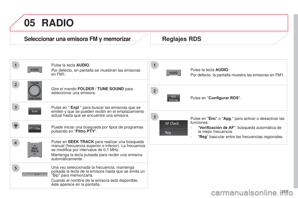 CITROEN C4 AIRCROSS 2016 Manuales de Empleo (in Spanish) 05
275
C4-Aircross_es_Chap10b_Mitsu6_ed01-2014
Pulse la tecla AUDIO.
Por defecto, en pantalla se muestran las emisoras
en FM1.
Seleccionar una emisora FM y memorizar
Pulse en SEEK TRACK para realizar CITROEN C4 AIRCROSS 2016 Manuales de Empleo (in Spanish) 05
275
C4-Aircross_es_Chap10b_Mitsu6_ed01-2014
Pulse la tecla AUDIO.
Por defecto, en pantalla se muestran las emisoras
en FM1.
Seleccionar una emisora FM y memorizar
Pulse en SEEK TRACK para realizar