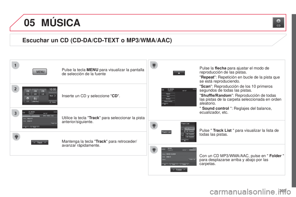 CITROEN C4 AIRCROSS 2016 Manuales de Empleo (in Spanish) 05
303
C4-Aircross_es_Chap10c_Mitsu5_ed01-2014
Escuchar un CD (CD-DA/CD-TEXT o MP3/WMA/AAC)
inserte un Cd y seleccione "CD ".
Pulse la tecla
MENU para visualizar la pantalla
de selección de CITROEN C4 AIRCROSS 2016 Manuales de Empleo (in Spanish) 05
303
C4-Aircross_es_Chap10c_Mitsu5_ed01-2014
Escuchar un CD (CD-DA/CD-TEXT o MP3/WMA/AAC)
inserte un Cd y seleccione "CD ".
Pulse la tecla
MENU para visualizar la pantalla
de selección de