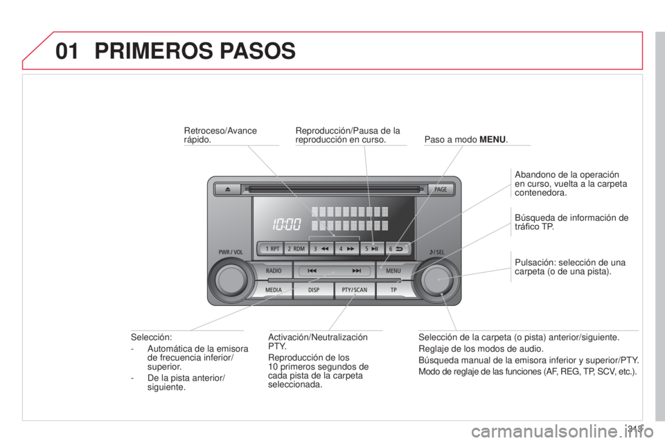 CITROEN C4 AIRCROSS 2016  Manuales de Empleo (in Spanish) 01
313
C4-Aircross_es_Chap10d_Mitsu4_ed01-2014
PRIMEROS PASOS
Retroceso/Avance 
rápido.Activación/
n eutralización 
P
t Y.
Reproducción de los  
10
  primeros segundos de 
cada pista de la carpeta