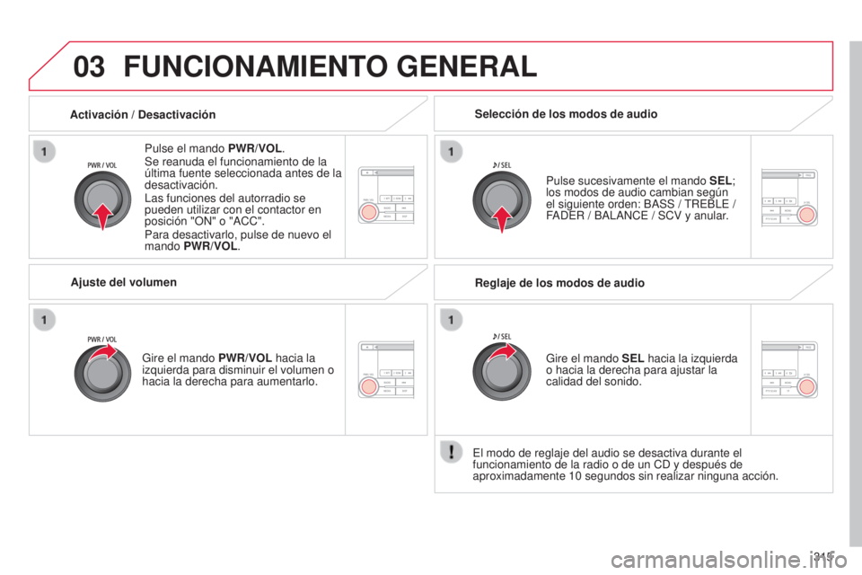 CITROEN C4 AIRCROSS 2016  Manuales de Empleo (in Spanish) 03
315
C4-Aircross_es_Chap10d_Mitsu4_ed01-2014
FUNCIONAMIENTO GENERAL
Pulse el mando PWR/VOL.
Se reanuda el funcionamiento de la 
última fuente seleccionada antes de la 
desactivación.
l

as funcion