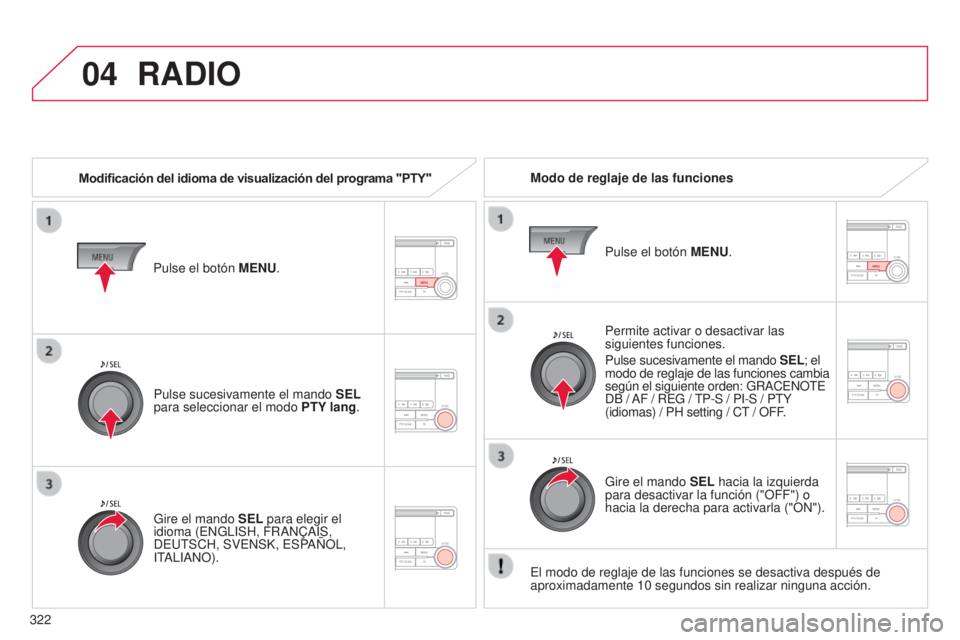 CITROEN C4 AIRCROSS 2016 Manuales de Empleo (in Spanish) 04
322
C4-Aircross_es_Chap10d_Mitsu4_ed01-2014
RADIO
Modificación del idioma de visualización del programa "PTY"Modo de reglaje de las funciones
Permite activar o desactivar las
siguientes CITROEN C4 AIRCROSS 2016 Manuales de Empleo (in Spanish) 04
322
C4-Aircross_es_Chap10d_Mitsu4_ed01-2014
RADIO
Modificación del idioma de visualización del programa "PTY"Modo de reglaje de las funciones
Permite activar o desactivar las
siguientes