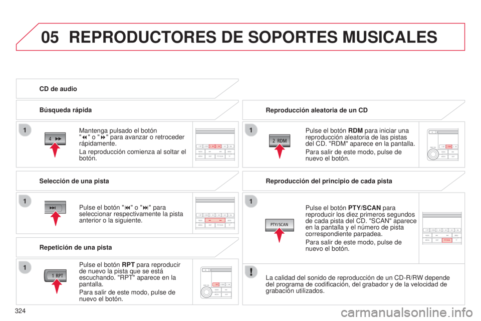 CITROEN C4 AIRCROSS 2016 Manuales de Empleo (in Spanish) 05
324
C4-Aircross_es_Chap10d_Mitsu4_ed01-2014
REPRODUCTORES DE SOPORTES MUSICALES
Reproducción aleatoria de un CDPulse el botón RDM para iniciar una
reproducción aleatoria de las pistas
del C
d CITROEN C4 AIRCROSS 2016 Manuales de Empleo (in Spanish) 05
324
C4-Aircross_es_Chap10d_Mitsu4_ed01-2014
REPRODUCTORES DE SOPORTES MUSICALES
Reproducción aleatoria de un CDPulse el botón RDM para iniciar una
reproducción aleatoria de las pistas
del C
d