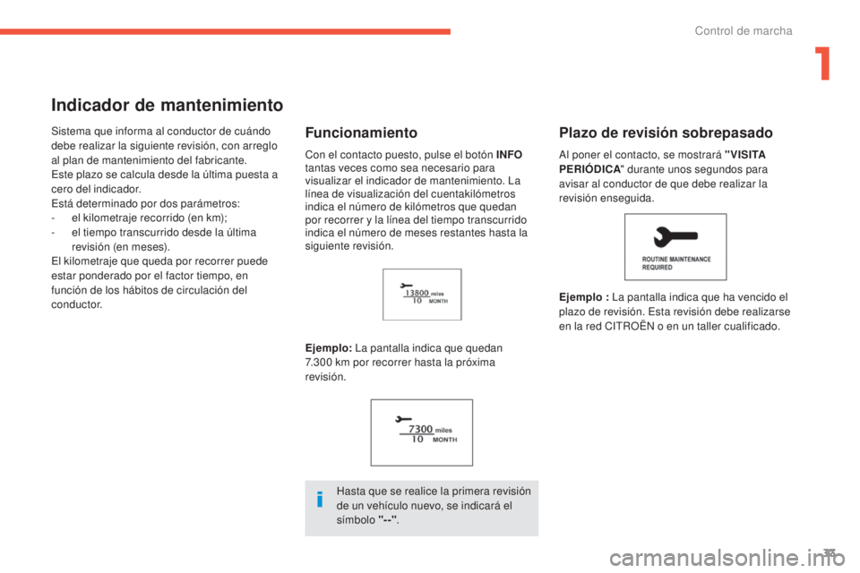CITROEN C4 AIRCROSS 2016 Manuales de Empleo (in Spanish) 33
C4-Aircross_es_Chap01_controle-de-marche_ed01-2014
Indicador de mantenimiento
Sistema que informa al conductor de cuándo
debe realizar la siguiente revisión, con arreglo
al plan de mantenimient CITROEN C4 AIRCROSS 2016 Manuales de Empleo (in Spanish) 33
C4-Aircross_es_Chap01_controle-de-marche_ed01-2014
Indicador de mantenimiento
Sistema que informa al conductor de cuándo
debe realizar la siguiente revisión, con arreglo
al plan de mantenimient