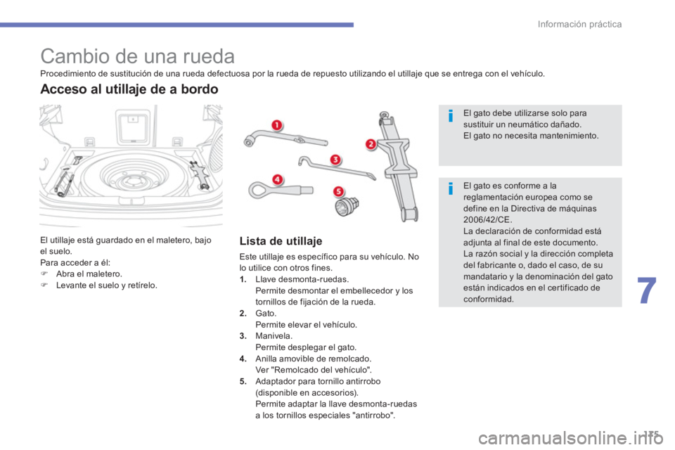 CITROEN C4 AIRCROSS 2016  Manuales de Empleo (in Spanish) 175
7
Información práctica
   
 
 
 
 
 
 
 
 
 
 
 
 
 
 
 
Cambio de una rueda 
 
El utillaje está guardado en el maletero, bajo 
el suelo. 
  Para acceder a él: 
   
 
�) 
  Abra el maletero. 

