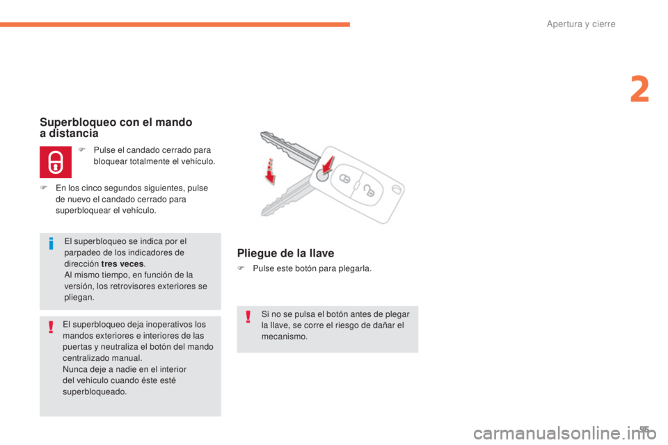 CITROEN C4 AIRCROSS 2016  Manuales de Empleo (in Spanish) 55
C4-Aircross_es_Chap02_ouvertures_ed01-2014
Si no se pulsa el botón antes de plegar 
la llave, se corre el riesgo de dañar el 
mecanismo.
Superbloqueo con el mando  
a distancia
F Pulse el candado