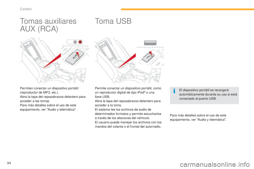 CITROEN C4 AIRCROSS 2016  Manuales de Empleo (in Spanish) 94
C4-Aircross_es_Chap03_confort_ed01-2014
Permite conectar un dispositivo portátil, como 
un reproductor digital de tipo iPod® o una  
llave 
uS
B.
Abra la tapa del reposabrazos delantero para 
acc