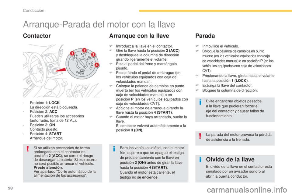 CITROEN C4 AIRCROSS 2016  Manuales de Empleo (in Spanish) 98
C4-Aircross_es_Chap04_conduite_ed01-2014
Arranque-Parada del motor con la llave
- Posición 1: LOCK  la d irección está bloqueada.
-
 
P
 osición 2: ACC  
 P

ueden utilizarse los accesorios 
(a