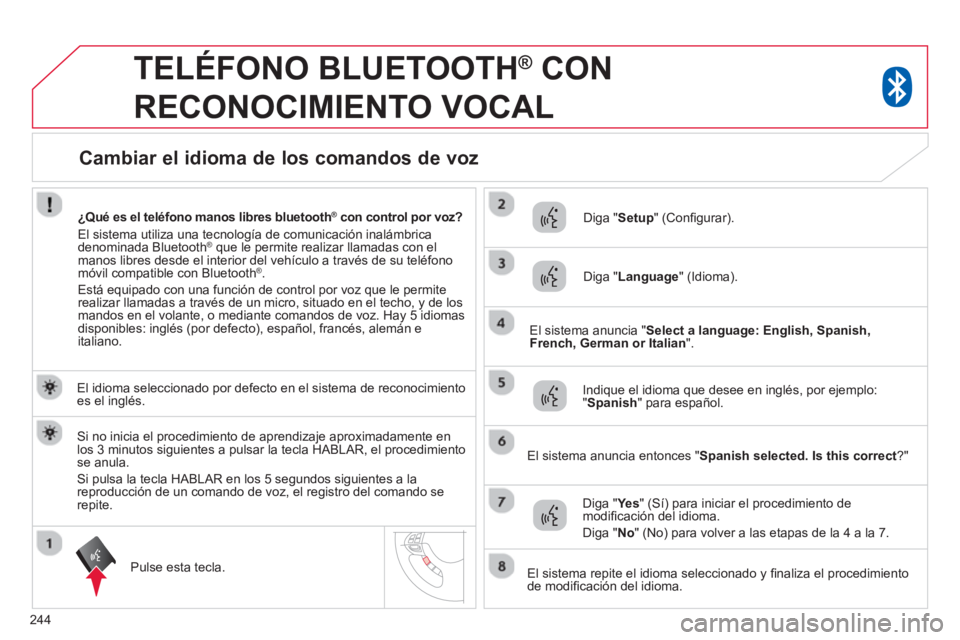CITROEN C4 AIRCROSS 2014  Manuales de Empleo (in Spanish) 244
   
 
 
 
TELÉFONO BLUETOOTH ® 
 CON 
RECONOCIMIENTO VOCAL 
   
El idioma seleccionado por defecto en el sistema de reconocimiento 
es el inglés.  
   
Pulse esta tecla.     
Diga " Setup 
" (C