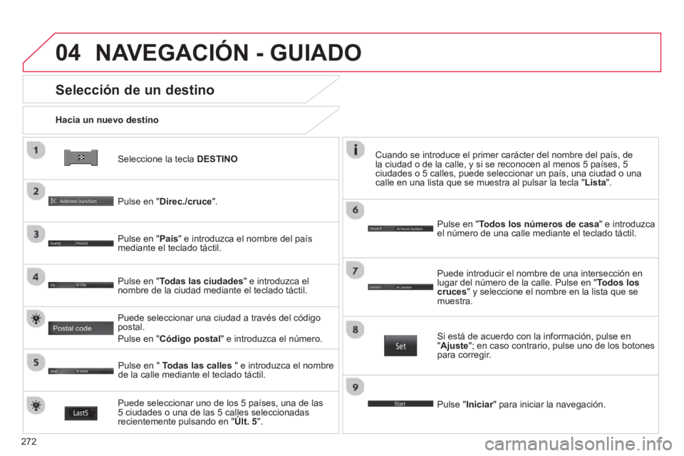 CITROEN C4 AIRCROSS 2014 Manuales de Empleo (in Spanish) 272
04
Seleccione la tecla DESTINO
Hacia un nuevo destino
Selección de un destino
Pulse en "Direc./cruce".
Pulse en "País" e introduzca el nombre del país
mediante e CITROEN C4 AIRCROSS 2014 Manuales de Empleo (in Spanish) 272
04
Seleccione la tecla DESTINO
Hacia un nuevo destino
Selección de un destino
Pulse en "Direc./cruce".
Pulse en "País" e introduzca el nombre del país
mediante e