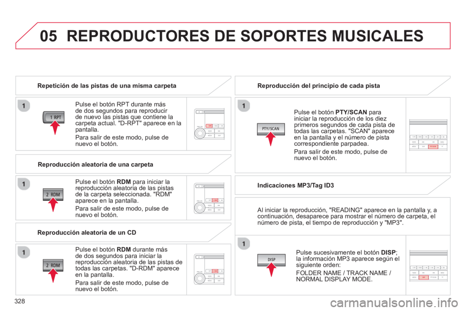 CITROEN C4 AIRCROSS 2014 Manuales de Empleo (in Spanish) 328
05 REPRODUCTORES DE SOPORTES MUSICALES
Repetición de las pistas de una misma carpeta
Pulse el botón RPT durante más
de dos segundos para reproducir
de nuevo las pistas que contien CITROEN C4 AIRCROSS 2014 Manuales de Empleo (in Spanish) 328
05 REPRODUCTORES DE SOPORTES MUSICALES
Repetición de las pistas de una misma carpeta
Pulse el botón RPT durante más
de dos segundos para reproducir
de nuevo las pistas que contien
