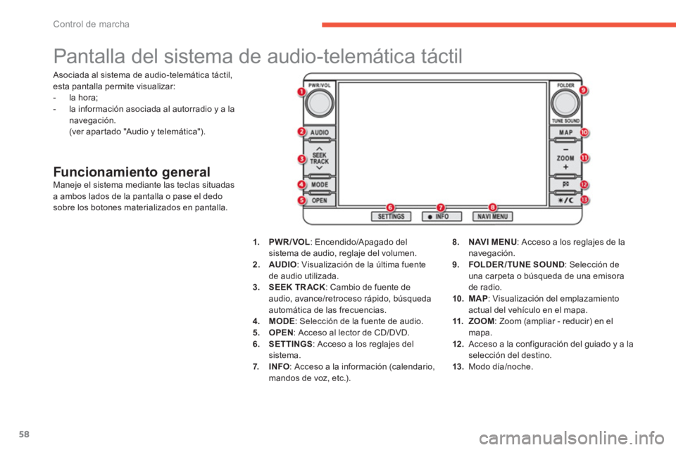 CITROEN C4 AIRCROSS 2014  Manuales de Empleo (in Spanish) 58
Control de marcha
   
 
 
 
 
 
 
 
 
 
 
Pantalla del sistema de audio-telemática táctil 
 
 
Funcionamiento general  
Maneje el sistema mediante las teclas situadas 
a ambos lados de la pantall