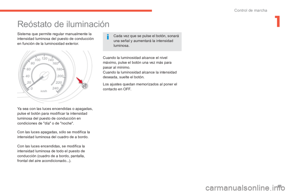 CITROEN C4 AIRCROSS 2014 Manuales de Empleo (in Spanish) 1
61
Control de marcha
Reóstato de iluminación
Sistema que permite regular manualmente la
intensidad luminosa del puesto de conducción
en función de la luminosidad exterior. CITROEN C4 AIRCROSS 2014 Manuales de Empleo (in Spanish) 1
61
Control de marcha
Reóstato de iluminación
Sistema que permite regular manualmente la
intensidad luminosa del puesto de conducción
en función de la luminosidad exterior.