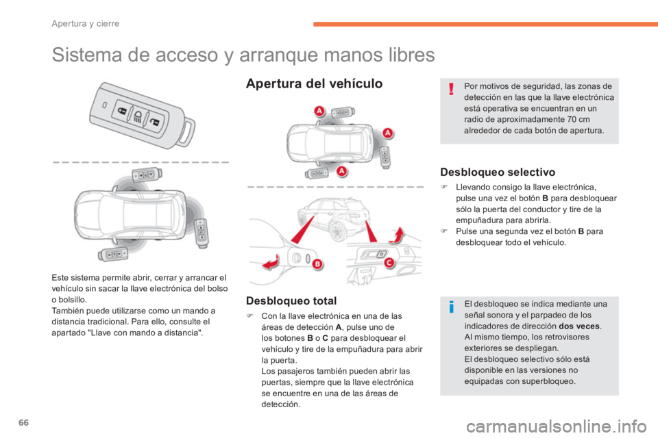 CITROEN C4 AIRCROSS 2014  Manuales de Empleo (in Spanish) 66
Apertura y cierre
   
 
 
 
 
 
 
 
 
 
 
 
 
 
 
 
 
 
 
 
 
 
 
Sistema de acceso y arranque manos libres 
 
 
Desbloqueo selectivo 
 
 
 
�) 
  Llevando consigo la llave electrónica, 
pulse una
