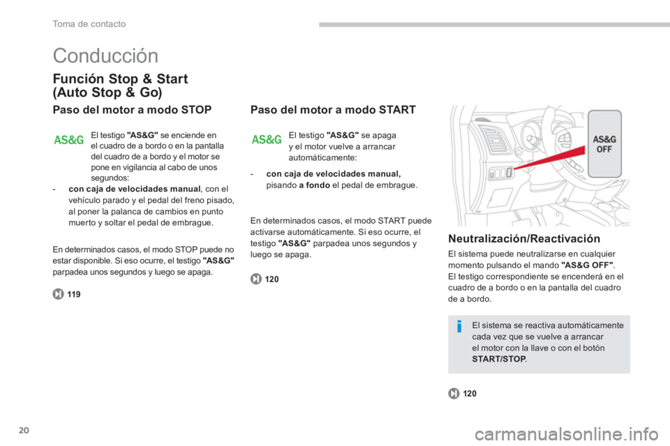 CITROEN C4 AIRCROSS 2013 Manuales de Empleo (in Spanish) 20
To m a d e c o n t a c t o
Conducción
Función Stop & Start
(Auto Stop & Go)
Paso del motor a modo STOP
119
El testigo "AS &G "se enciende en el cuadro de a bordo o en la pantalla
del cua CITROEN C4 AIRCROSS 2013 Manuales de Empleo (in Spanish) 20
To m a d e c o n t a c t o
Conducción
Función Stop & Start
(Auto Stop & Go)
Paso del motor a modo STOP
119
El testigo "AS &G "se enciende en el cuadro de a bordo o en la pantalla
del cua