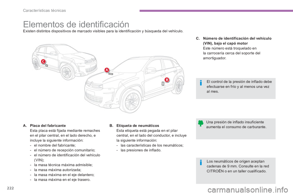 CITROEN C4 AIRCROSS 2013 Manuales de Empleo (in Spanish) 222
Características técnicas
Elementos de identifi cación Existen distintos dispositivos de marcado visibles para la identificación y búsqueda del vehí CITROEN C4 AIRCROSS 2013 Manuales de Empleo (in Spanish) 222
Características técnicas
Elementos de identifi cación Existen distintos dispositivos de marcado visibles para la identificación y búsqueda del vehí