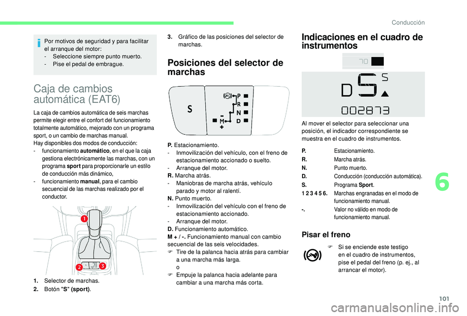 CITROEN C4 CACTUS 2019 Manuales de Empleo (in Spanish) 101
Por motivos de seguridad y para facilitar
el arranque del motor:
-
S
eleccione siempre punto muerto.
-
P
ise el pedal de embrague.
Caja de cambios
automática (EAT6)
La caja de cambios autom CITROEN C4 CACTUS 2019 Manuales de Empleo (in Spanish) 101
Por motivos de seguridad y para facilitar
el arranque del motor:
-
S
eleccione siempre punto muerto.
-
P
ise el pedal de embrague.
Caja de cambios
automática (EAT6)
La caja de cambios autom