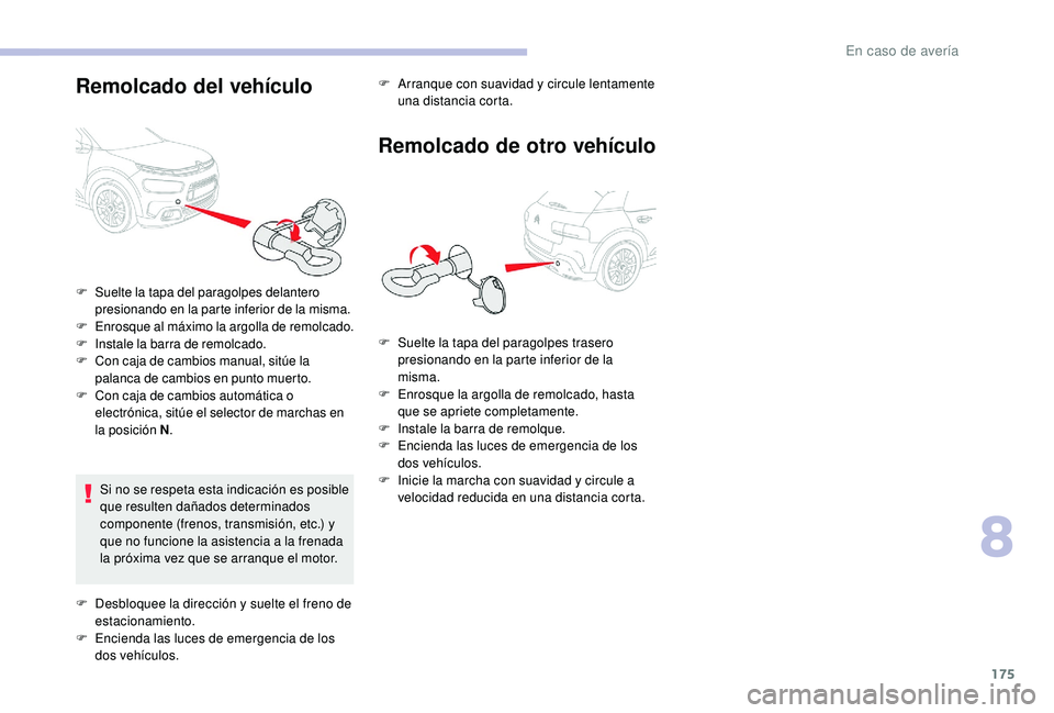 CITROEN C4 CACTUS 2019  Manuales de Empleo (in Spanish) 175
Remolcado del vehículo
Si no se respeta esta indicación es posible 
que resulten dañados determinados 
componente (frenos, transmisión, etc.) y 
que no funcione la asistencia a la frenada 
la 