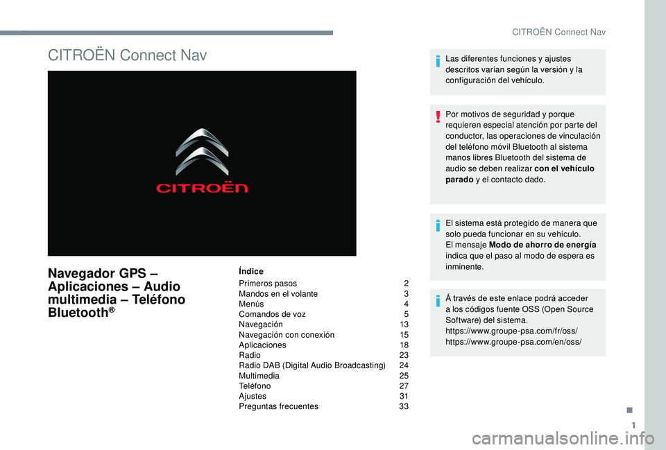 CITROEN C4 CACTUS 2019 Manuales de Empleo (in Spanish) 1
CITROËN Connect Nav
Navegador GPS –
Aplicaciones – Audio
multimedia – Teléfono
Bluetooth
®
Índice
Primeros pasos
2
M
andos en el volante
3
M
enús
4
C
omandos de voz
5
N
CITROEN C4 CACTUS 2019 Manuales de Empleo (in Spanish) 1
CITROËN Connect Nav
Navegador GPS –
Aplicaciones – Audio
multimedia – Teléfono
Bluetooth
®
Índice
Primeros pasos
2
M
andos en el volante
3
M
enús
4
C
omandos de voz
5
N