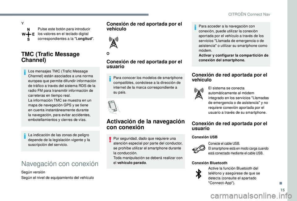 CITROEN C4 CACTUS 2019  Manuales de Empleo (in Spanish) 15
YPulse este botón para introducir 
los valores en el teclado digital 
correspondientes a la "L ongitud".
TMC (Trafic Message 
Channel)
Los mensajes TMC (Trafic Message 
Channel) están aso