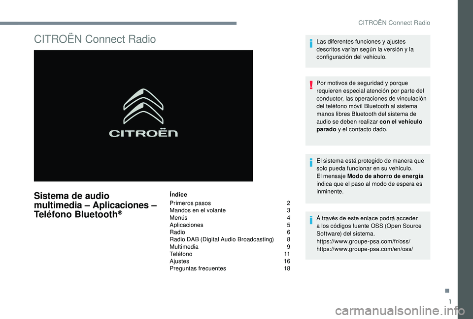 CITROEN C4 CACTUS 2019 Manuales de Empleo (in Spanish) 1
CITROËN Connect Radio
Sistema de audio
multimedia – Aplicaciones –
Teléfono Bluetooth
®
Índice
Primeros pasos
2
M
andos en el volante
3
M
enús
4
A
plicaciones
5
R
adio
6 CITROEN C4 CACTUS 2019 Manuales de Empleo (in Spanish) 1
CITROËN Connect Radio
Sistema de audio
multimedia – Aplicaciones –
Teléfono Bluetooth
®
Índice
Primeros pasos
2
M
andos en el volante
3
M
enús
4
A
plicaciones
5
R
adio
6