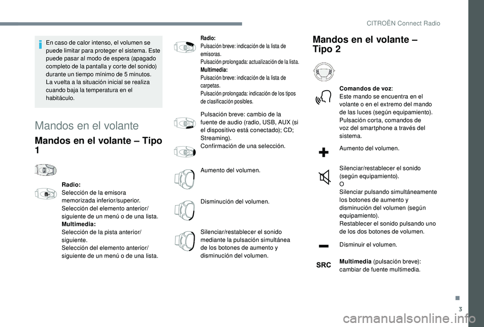 CITROEN C4 CACTUS 2019 Manuales de Empleo (in Spanish) 3
En caso de calor intenso, el volumen se
puede limitar para proteger el sistema. Este
puede pasar al modo de espera (apagado
completo de la pantalla y corte del sonido)
durante un tiempo mínimo CITROEN C4 CACTUS 2019 Manuales de Empleo (in Spanish) 3
En caso de calor intenso, el volumen se
puede limitar para proteger el sistema. Este
puede pasar al modo de espera (apagado
completo de la pantalla y corte del sonido)
durante un tiempo mínimo