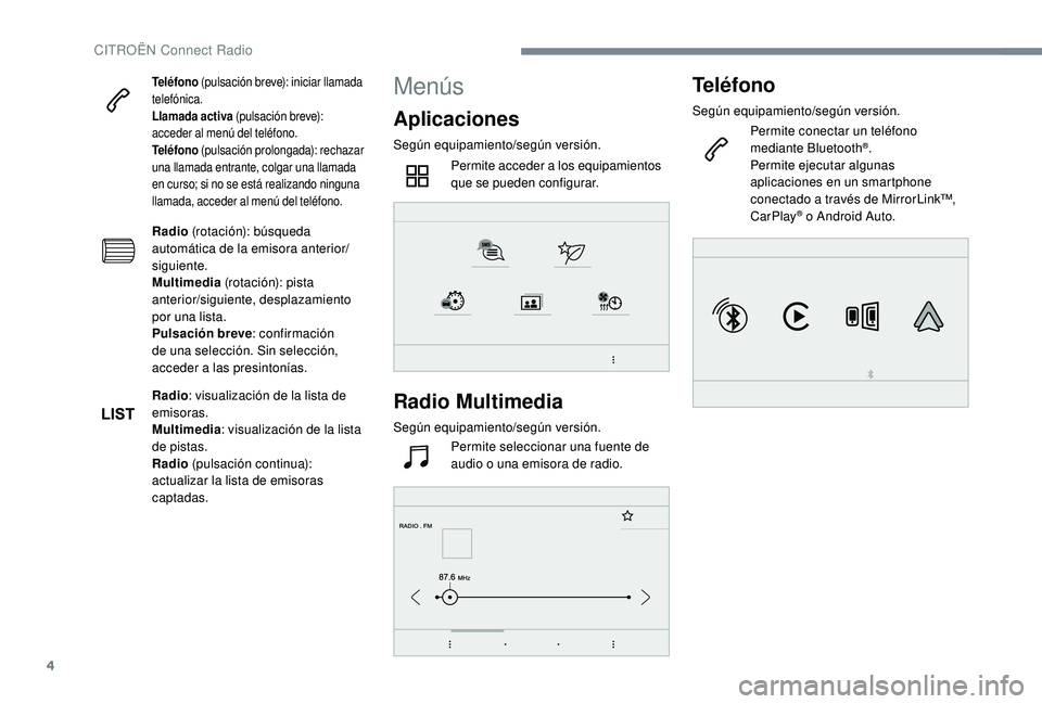 CITROEN C4 CACTUS 2019 Manuales de Empleo (in Spanish) 4
Teléfono (pulsación breve): iniciar llamada
telefónica.
Llamada activa (pulsación breve):
acceder al menú del teléfono.
Teléfono (pulsación prolongada): rechazar
una llamada entrante, c CITROEN C4 CACTUS 2019 Manuales de Empleo (in Spanish) 4
Teléfono (pulsación breve): iniciar llamada
telefónica.
Llamada activa (pulsación breve):
acceder al menú del teléfono.
Teléfono (pulsación prolongada): rechazar
una llamada entrante, c
