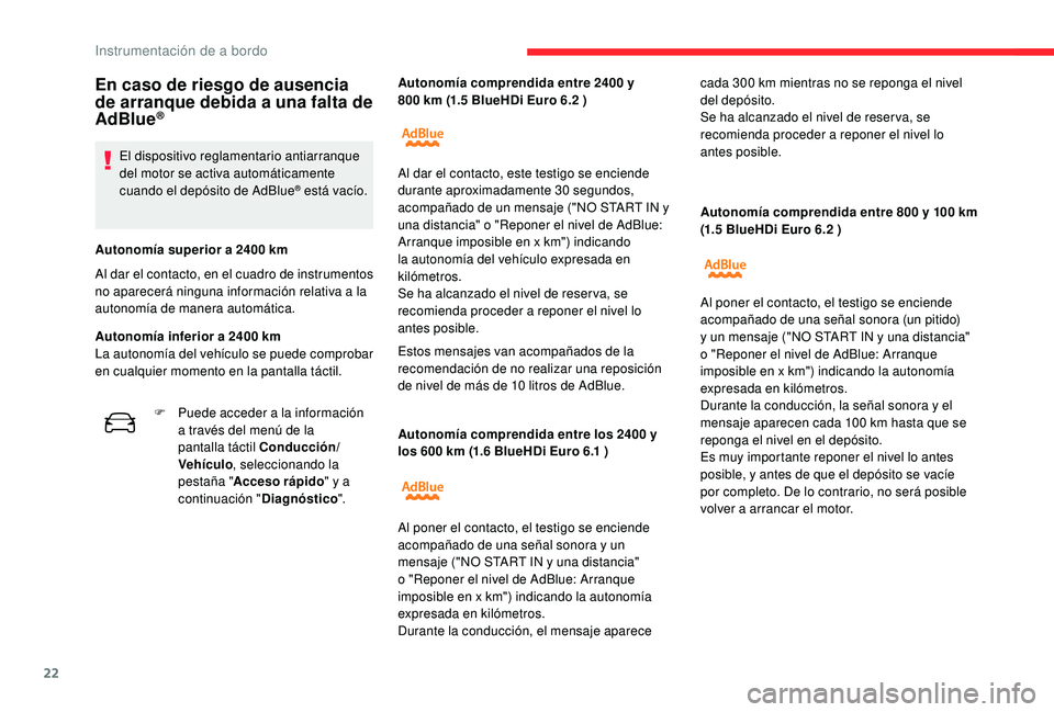 CITROEN C4 CACTUS 2019 Manuales de Empleo (in Spanish) 22
Autonomía comprendida entre los 2400 y
los 600 km (1.6 BlueHDi Euro 6.1 ) Autonomía comprendida entre 800
y 100 km
(1.5 BlueHDi Euro 6.2 )
En caso de riesgo de ausencia
de arranque d CITROEN C4 CACTUS 2019 Manuales de Empleo (in Spanish) 22
Autonomía comprendida entre los 2400 y
los 600 km (1.6 BlueHDi Euro 6.1 ) Autonomía comprendida entre 800
y 100 km
(1.5 BlueHDi Euro 6.2 )
En caso de riesgo de ausencia
de arranque d