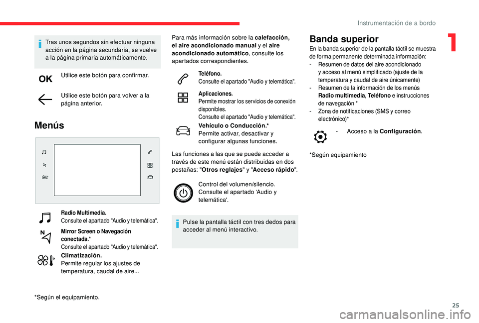 CITROEN C4 CACTUS 2019 Manuales de Empleo (in Spanish) 25
Radio Multimedia.
Consulte el apartado "Audio y telemática".
Mirror Screen o Navegación
conectada.*
Consulte el apartado "Audio y telemática".
Climatización.
Permite regular lo CITROEN C4 CACTUS 2019 Manuales de Empleo (in Spanish) 25
Radio Multimedia.
Consulte el apartado "Audio y telemática".
Mirror Screen o Navegación
conectada.*
Consulte el apartado "Audio y telemática".
Climatización.
Permite regular lo