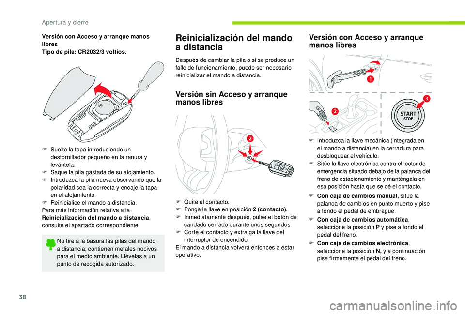CITROEN C4 CACTUS 2019 Manuales de Empleo (in Spanish) 38
Versión con Acceso y arranque manos
libres
Tipo de pila: CR2032/3 voltios.
F
S
uelte la tapa introduciendo un
destornillador pequeño en la ranura y
levántela.
F
S
aque la pila gastada CITROEN C4 CACTUS 2019 Manuales de Empleo (in Spanish) 38
Versión con Acceso y arranque manos
libres
Tipo de pila: CR2032/3 voltios.
F
S
uelte la tapa introduciendo un
destornillador pequeño en la ranura y
levántela.
F
S
aque la pila gastada