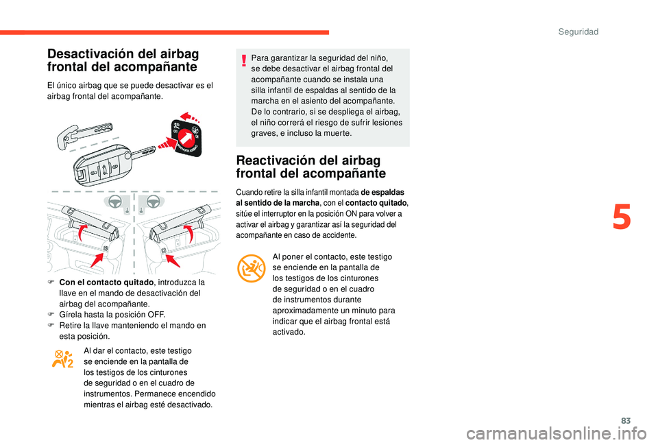 CITROEN C4 CACTUS 2019  Manuales de Empleo (in Spanish) 83
Desactivación del airbag 
frontal del acompañante
El único airbag que se puede desactivar es el 
airbag frontal del acompañante.
F 
C
 on el contacto quitado , introduzca la 
llave en el mando 