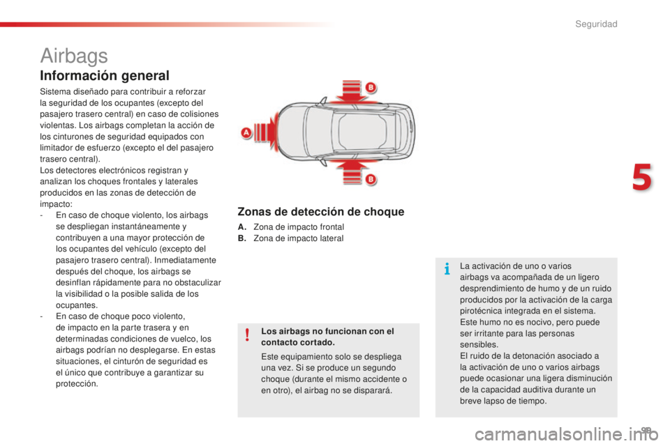 CITROEN C4 CACTUS 2018  Manuales de Empleo (in Spanish) 99
C4-cactus_es_Chap05_securite_ed01-2016
Airbags
Información general
Sistema diseñado para contribuir a reforzar 
la seguridad de los ocupantes (excepto del 
pasajero trasero central) en caso de co