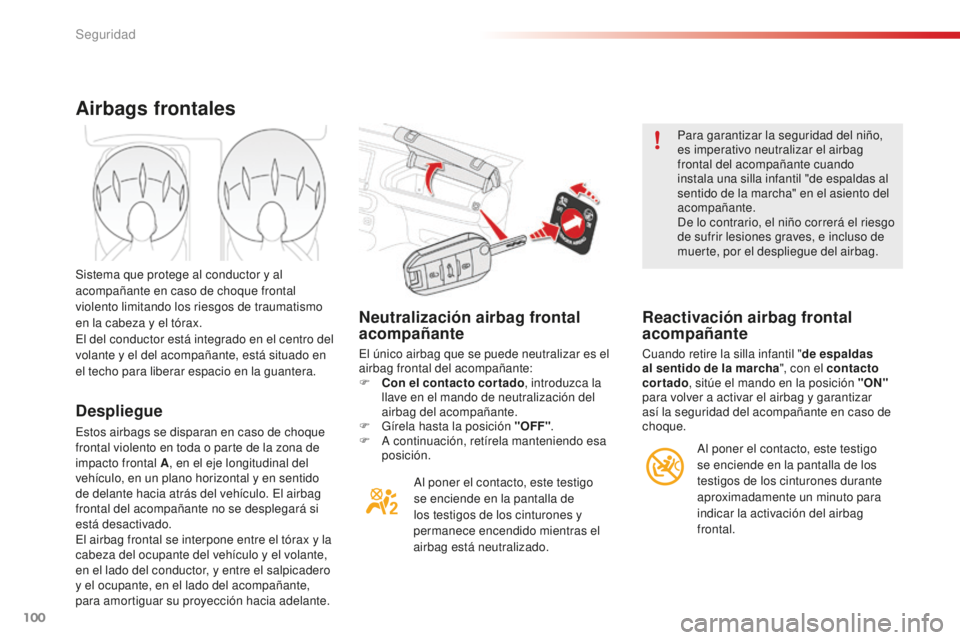 CITROEN C4 CACTUS 2018  Manuales de Empleo (in Spanish) 100
C4-cactus_es_Chap05_securite_ed01-2016
Neutralización airbag frontal 
acompañante
El único airbag que se puede neutralizar es el 
airbag frontal del acompañante:
F 
C
 on el contacto cortado ,