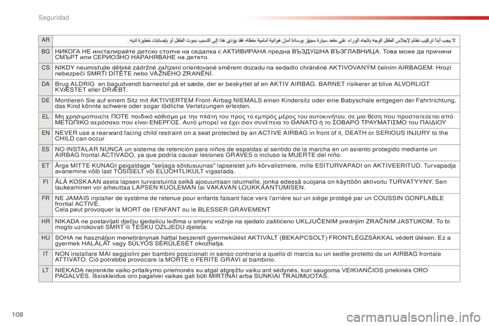 CITROEN C4 CACTUS 2018  Manuales de Empleo (in Spanish) 108
AR
BG
НИКОГА НЕ инсталирайте детско столче на седалка с АКТИВИРАНА предна ВЪЗДУШНА ВЪЗГЛАВНИЦ А. Това може да