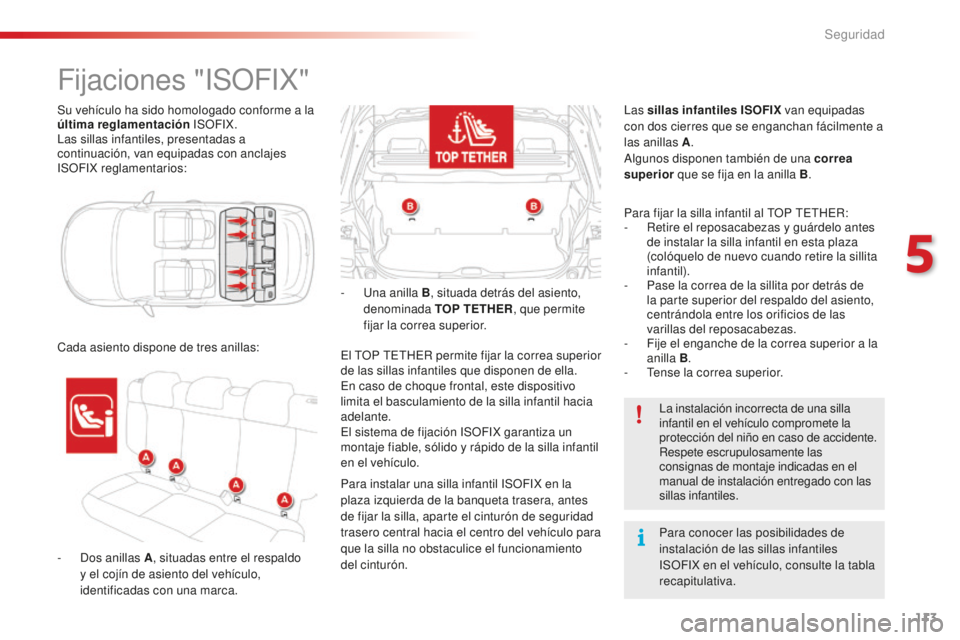 CITROEN C4 CACTUS 2018  Manuales de Empleo (in Spanish) 113
C4-cactus_es_Chap05_securite_ed01-2016
Su vehículo ha sido homologado conforme a la 
última reglamentación ISOFIX.
Las sillas infantiles, presentadas a 
continuación, van equipadas con anclaje