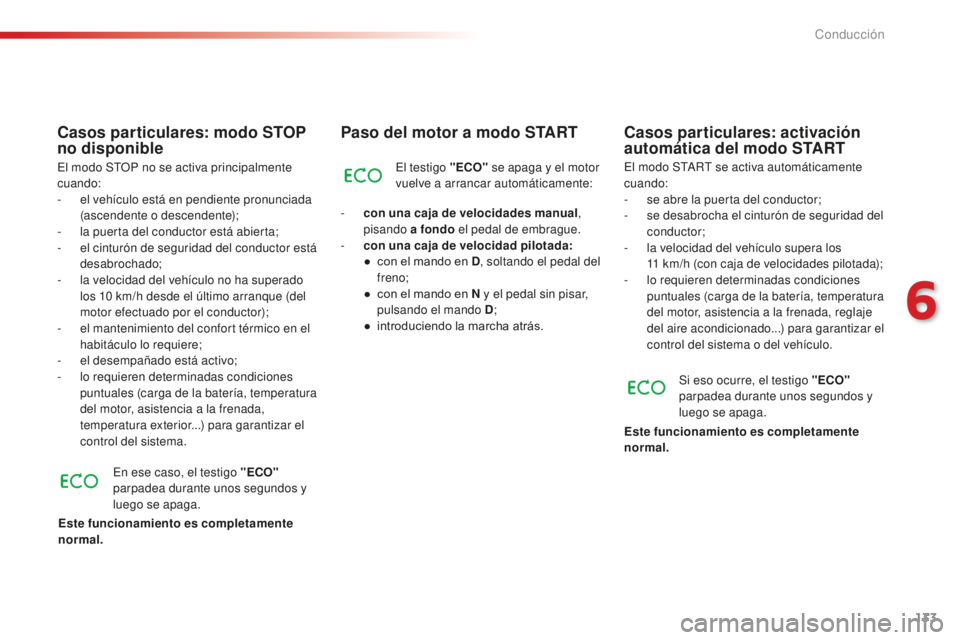 CITROEN C4 CACTUS 2018  Manuales de Empleo (in Spanish) 133
C4-cactus_es_Chap06_conduite_ed01-2016
Paso del motor a modo START
El testigo "ECO" se apaga y el motor 
vuelve a arrancar automáticamente:
-
 
c

on una caja de velocidades manual , 
pis