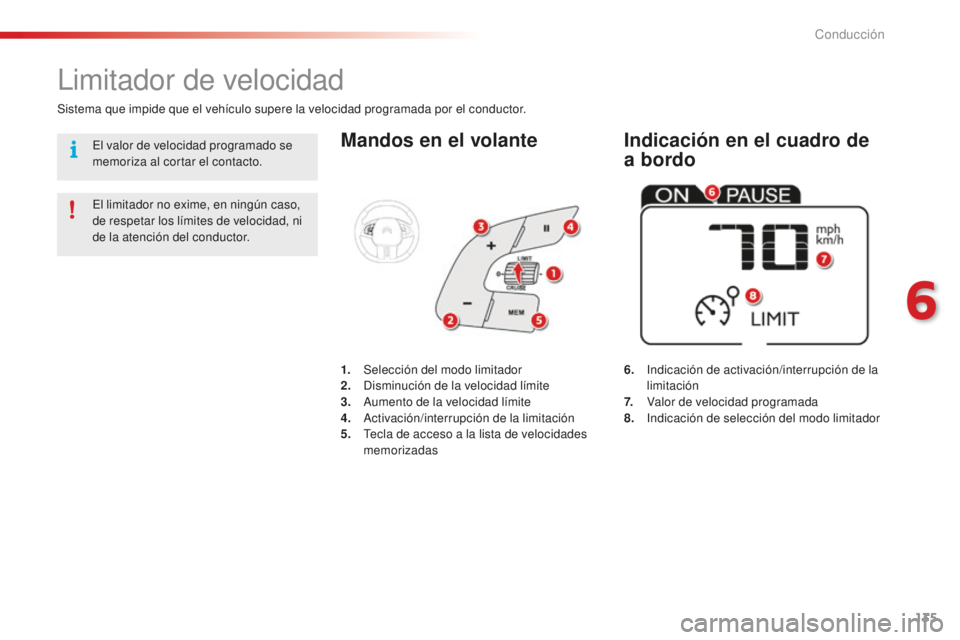 CITROEN C4 CACTUS 2018  Manuales de Empleo (in Spanish) 135
C4-cactus_es_Chap06_conduite_ed01-2016
Mandos en el volante
6.   Indicación de activación/interrupción de la 
limitación
7.  
 
V
 alor de velocidad programada
8.  
 
I
 ndicación de selecci