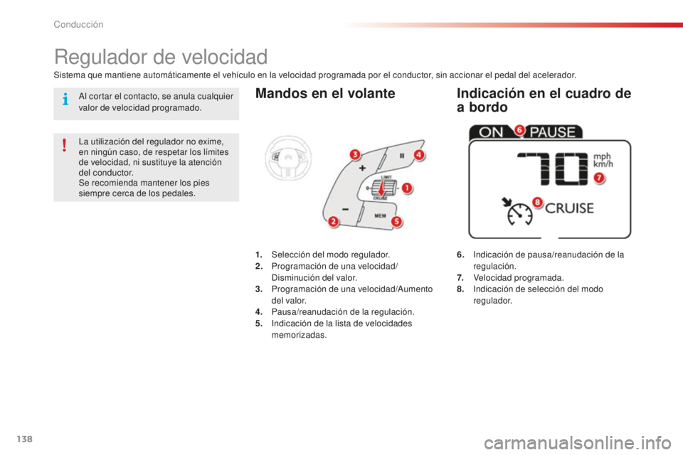 CITROEN C4 CACTUS 2018  Manuales de Empleo (in Spanish) 138
C4-cactus_es_Chap06_conduite_ed01-2016
Mandos en el volante
6.   Indicación de pausa/reanudación de la 
regulación.
7.  
 
V
 elocidad programada.
8.  
 
I
 ndicación de selección del modo 
r