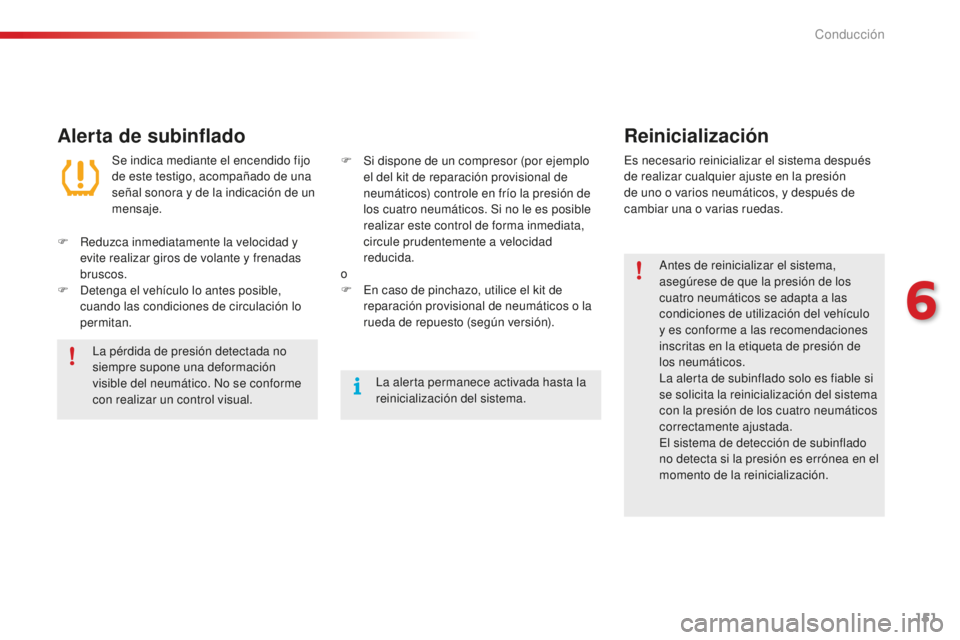CITROEN C4 CACTUS 2018 Manuales de Empleo (in Spanish) 151
C4-cactus_es_Chap06_conduite_ed01-2016
Alerta de subinfladoReinicialización
Antes de reinicializar el sistema,
asegúrese de que la presión de los
cuatro neumáticos se adapta a las
condicion CITROEN C4 CACTUS 2018 Manuales de Empleo (in Spanish) 151
C4-cactus_es_Chap06_conduite_ed01-2016
Alerta de subinfladoReinicialización
Antes de reinicializar el sistema,
asegúrese de que la presión de los
cuatro neumáticos se adapta a las
condicion